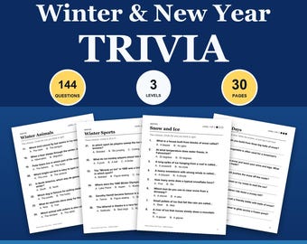Op de afbeelding: Een Winter & Nieuwjaar Trivia spelset met 144 vragen verdeeld over 30 pagina's en 3 niveaus. De donkerblauwe achtergrond toont witte tekst waaronder FOR SENIORS - LARGE PRINT - PRINT & GO, SNOW - ANIMALS - SPORTS - FOOD - NEW YEAR - VALENTINE'S DAY.