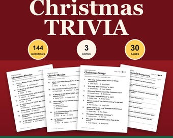 Op de afbeelding: Een kersttrivia-spelset met 144 vragen verdeeld over 3 niveaus op 30 pagina's. Het document bevat tekst in een groot lettertype, categorieën voor liedjes en films, en antwoordbladen. Het ontwerp heeft een donkerrode achtergrond.