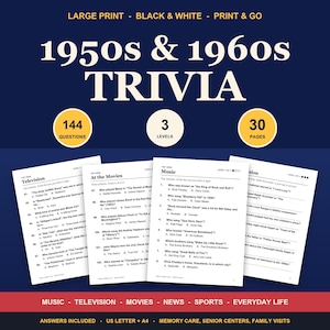 May include: A 1950s and 1960s trivia game set featuring 144 questions across 3 levels on 30 pages. The black and white printable sheets include categories like Television, At the Movies, and Music, with answers included for US Letter and A4 sizes.