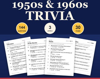 May include: A 1950s and 1960s trivia game set featuring 144 questions across 3 levels on 30 pages. The black and white printable sheets include categories like Television, At the Movies, and Music, with answers included for US Letter and A4 sizes.