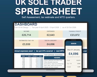 UK Sole Trader Spreadsheet, Self Assessment Tax Estimate, MTD Bookkeeping, Self Employed Income Expense Tracker, Excel Google Sheets