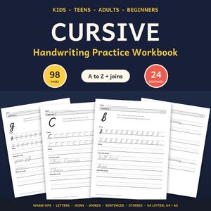 Cursive Handwriting Practice Workbook, Cursive Letters, Joins, Words, Sentences, Kids and Adults, Printable PDF