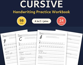 Cursive Handwriting Practice Workbook, Cursive Letters, Joins, Words, Sentences, Kids and Adults, Printable PDF