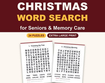 Op de afbeelding: Een kerst-woordzoekboekcover met een donkerrode achtergrond en witte tekst 44 POINT LETTERS CHRISTMAS WORD SEARCH for Seniors & Memory Care. Twee voorbeeldpuzzelpagina's met grote zwarte letters en woordenlijsten zijn afgebeeld.