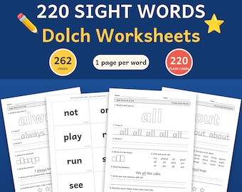 Op de afbeelding: Educatieve werkbladen voor 220 Dolch-zichtwoorden, van de kleuterschool tot groep 5. De set bevat 262 pagina's en 220 flitskaarten. Elke pagina bevat activiteiten zoals lezen, overtrekken, schrijven en zoeken, met potlood- en sterpictogrammen.