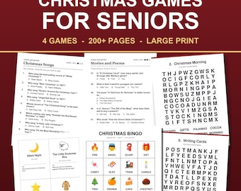 Christmas Games for Seniors Bundle, Large Print Trivia, Bingo, Music Bingo, Word Search PDF