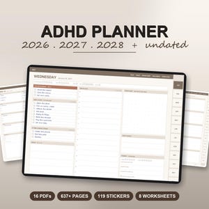 Può includere: Un'agenda digitale ADHD visualizzata su uno schermo di tablet, con un layout di pianificazione giornaliera che include sezioni per attività, pasti e note. Il testo recita ADHD PLANNER 2026 2027 2028 + undated, 16 PDFs, 637+ PAGES, 119 STICKERS, 8 WORKSHEETS.