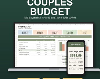 Op de afbeelding: Een digitaal budgetoverzicht voor Microsoft Excel en Google Sheets genaamd Couples Budget. De interface toont financiële gegevens, waaronder inkomen, gedeelde kosten en uitgaven, op een laptopscherm en een smartphonescherm.