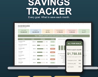 Op de afbeelding: Een digitale spaartracker voor Microsoft Excel en Google Sheets weergegeven op een laptop- en smartphonescherm. Het dashboard bevat tabellen, voortgangsbalken en financiële gegevens zoals totaal gespaard en maandelijkse bedragen.