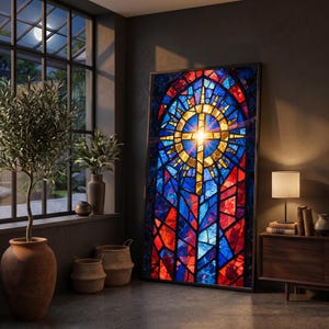 May include: A tall rectangular wall art piece featuring a vibrant stained glass design with a central glowing golden cross surrounded by intricate blue and red geometric patterns, displayed in a dark room with a large window and potted plants.