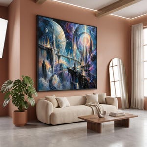 Tela con paesaggio urbano spaziale futuristico, arte fantascientifica da parete, vista di pianeti galattici, tela con paesaggio cosmico, decorazione moderna per la casa.