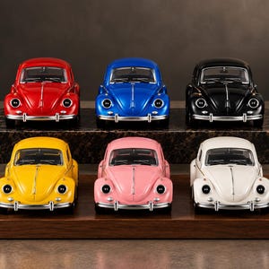 Puede incluir: Una colección de seis coches modelo Volkswagen Beetle en miniatura dispuestos en dos filas. Los coches están pintados en colores rojo, azul, negro, amarillo, rosa y blanco. Cada modelo cuenta con parachoques cromados, faros redondos y limpiaparabrisas.