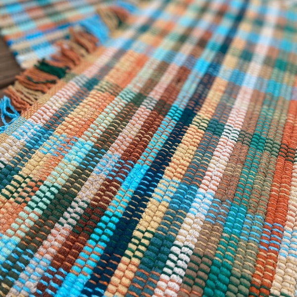 Eco-Friendly Rag Rug in Cream, Turquoise, and Orange Handwoven in Nicaragua