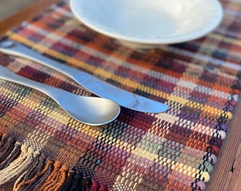 Handwoven Machine Washable Rag Rug Placemats in Warm Rust, Grey, and Earth Tones