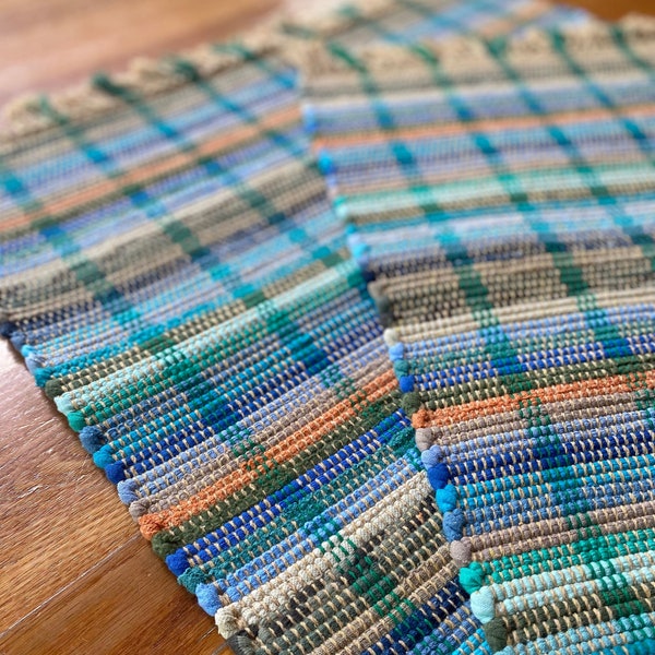 21” x 42” Glowing Blue, Turquoise, Beige, and OrangeWashable Rag Rug Handwoven in Nicaragua