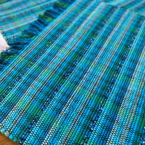 21” x 42” Handwoven Rag Rug: Turquoise, Blue, Gray, Washable