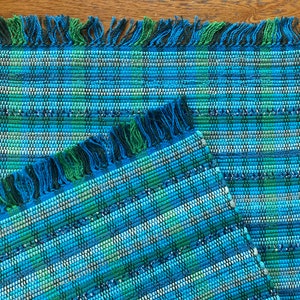 21” x 42” Lively Turquoise, Light Blue, and Gray  Washable Rag Rug Handwoven in Nicaragua