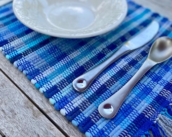 Placemat Set Shades of Blue Machine Washable Handwoven Made in Nicaragua from Recycled Fabric