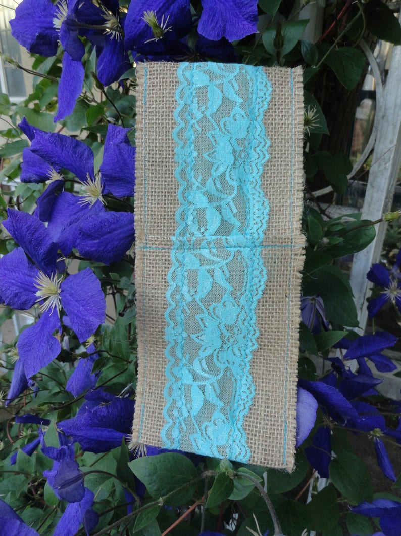 and everyday parties Rustic utensil pouch holder with aqua lace and burlap for weddings