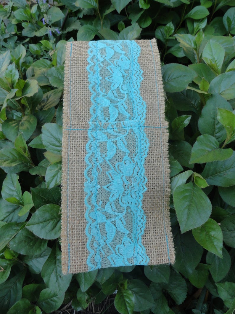 and everyday parties Rustic utensil pouch holder with aqua lace and burlap for weddings