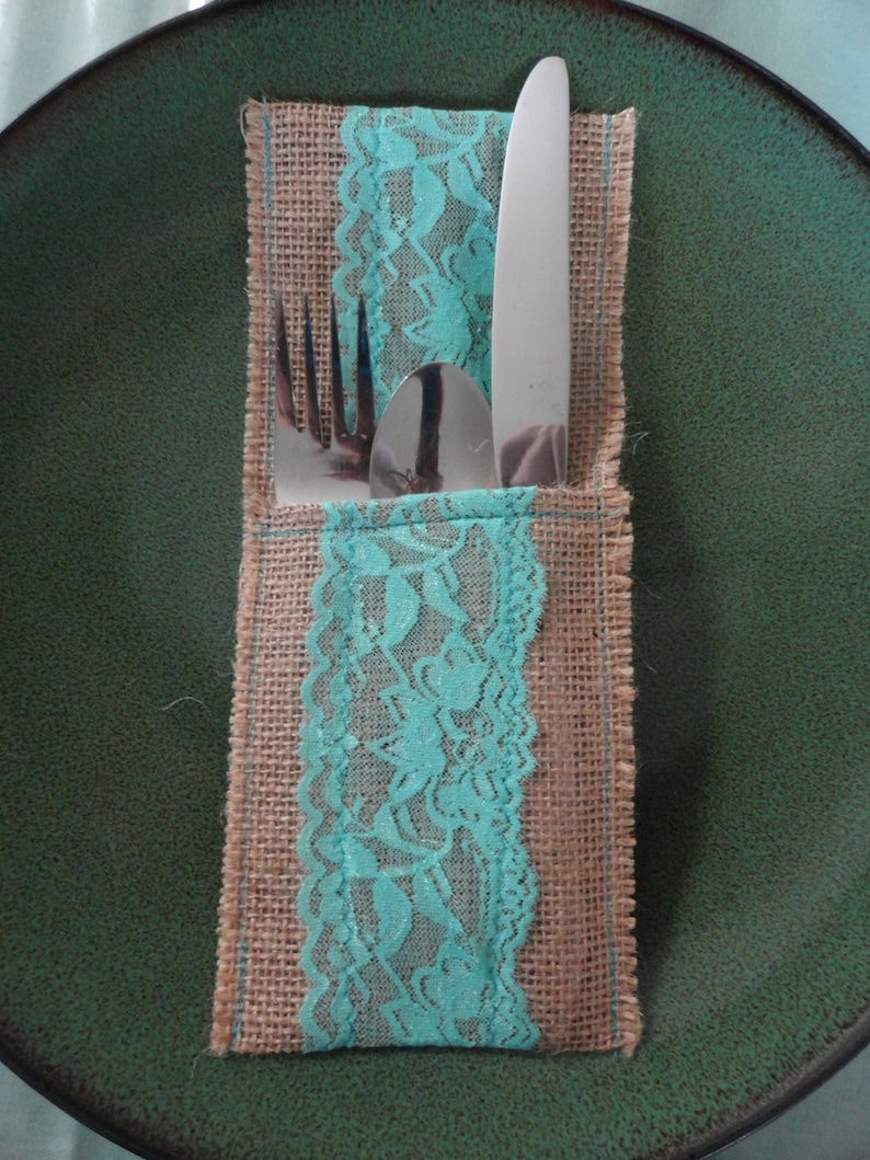 and everyday parties Rustic utensil pouch holder with aqua lace and burlap for weddings