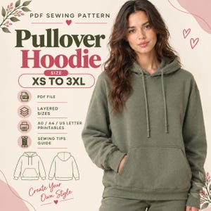 Può includere: Un cartamodello PDF per una felpa con cappuccio nelle taglie dalla XS alla 3XL. La grafica include testo, icone per file PDF, taglie a livelli, formati A0/A4/US letter e una guida alla cucitura, con un disegno al tratto e una foto del capo.