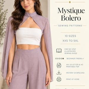 以下が含まれることがあります： Mystique Boleroのデジタル型紙。ラベンダー色のハイネックボレロ（ケープ風の長袖）と、お揃いのハイウエストワイドパンツ。テキストには、Premium Layered PDF Sewing Patterns、10サイズ（XXSから5XL）、ステップバイステップのイラスト付き縫製ガイド、初心者向け、A4・USレター・A0印刷可能PDF、即時ダウンロード、自宅で印刷、L'Atelier Patternと記載。