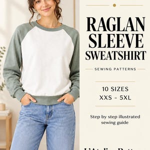 Op de afbeelding: Een raglanmouw sweatshirt met een wit voor- en achterpand en saliegroene mouwen, boorden en zoom. De tekst luidt: PREMIUM LAYERED PDF SEWING PATTERNS, RAGLAN SLEEVE SWEATSHIRT, 10 SIZES XXS - 5XL, Step by step illustrated sewing guide, L'Atelier Pattern.