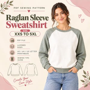 Women's Raglan Sleeve Sweatshirt Sewing Pattern, Colorblock French Terry (PDF Download)