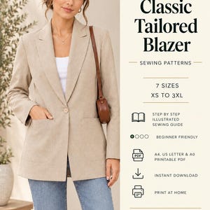 Classic Tailored Blazer Sewing Pattern, Relaxed Fit Notched Lapel (PDF Download)