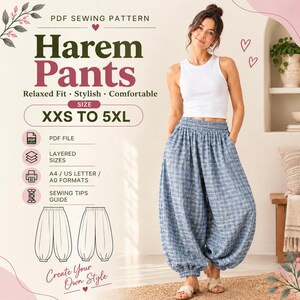 Puede incluir: Un patrón de costura en PDF para pantalones tipo harén con el texto Harem Pants, Relaxed Fit, Stylish, Comfortable y XXS TO 5XL. La imagen muestra una camiseta sin mangas blanca y pantalones tipo harén de cuadros azules con cintura elástica y puños.