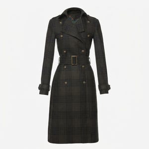 Olive Green Plaid Wool Trench Coat, Double-Breasted Belted Overcoat, Tartan Lining