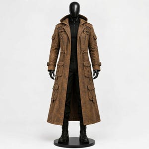 May include: A long, brown, distressed-texture trench coat featuring a hood, multiple utility pockets with flaps on the chest and hips, zippered accents, and adjustable straps on the shoulders and cuffs, worn over a black shirt and black trousers.