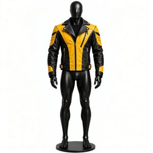Yellow Black Leather Biker Jacket, Asymmetrical Zip Moto Jacket, Quilted Shoulder Racing Style