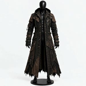 May include: A long, dark brown and black distressed coat featuring a hood, multiple metal zippers, buckles, and D-ring hardware. The garment has a layered, textured appearance with frayed hem edges, long sleeves, and a button-down front closure.