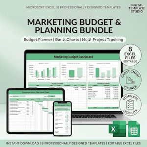 May include: A digital marketing budget and planning bundle featuring eight editable Microsoft Excel templates. The display shows a laptop, tablet, and smartphone screen with green-themed dashboards, Gantt charts, and expense tracking tables.