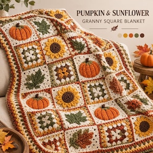 Könnte beinhalten: Eine Häkeldecke aus Granny Squares mit einem wiederkehrenden Muster aus orangefarbenen Kürbissen, gelben Sonnenblumen und grünen oder braunen Blättern auf cremefarbenem Grund. Der Text PUMPKIN & SUNFLOWER GRANNY SQUARE BLANKET steht oben rechts.