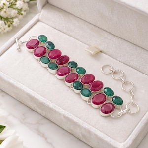 Pulsera de rubíes y esmeraldas en plata de ley 925, joya llamativa con piedras preciosas rojas y verdes, elegante pulsera de plata, regalo para ella.