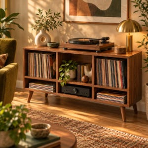 May include: A walnut-toned wooden media console featuring six open storage compartments filled with vinyl records, a black turntable on top, a gold-toned table lamp, a white ceramic vase with greenery, and a black audio amplifier component.