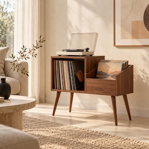 May include: A dark wood record player console with four tapered legs, featuring a rectangular open storage compartment filled with vinyl records and a smaller angled side section for additional album storage, topped with a turntable.