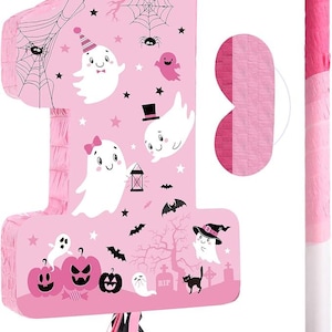 Halloween Number 1 Pinata | Pink Pull String Pinata | Ghost Pumpkin Party Decor | Halloween Celebration Supplies