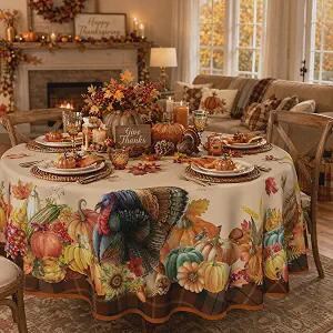 Thanksgiving Round Tablecloth | Turkey Pumpkin Orange Buffalo Plaid | 70 Inch Polyester Fall Table Decor