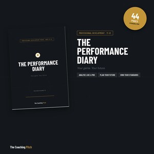 May include: A black digital diary titled The Performance Diary with gold text and accents. The cover features the text Professional Development 17-21, Your game. Your future., and This diary belongs to. A gold circle badge indicates 44 Pages Printable PDF.