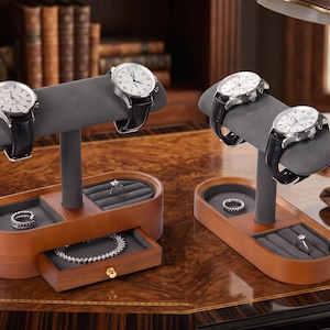 Solid Wood Watch Holder – T-Bar Jewelry Organizer with Microfiber (holds 2 Watches)