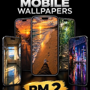 May include: Five smartphones displaying distinct 4K mobile wallpapers, including a sunset beach scene, a city street, a forest path, a room interior, and a neon-lit urban night view. The text reads 4K MOBILE WALLPAPERS, RM 2, 1 PACK HAS 5 WALLPAPER.