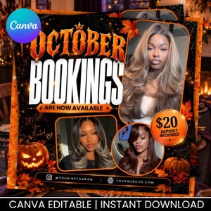 Puede incluir: Una plantilla de folleto digital para reservas de peluquería en octubre con tres fotos de personas con cabello estilizado, una calabaza, hojas de otoño y gráficos de telarañas. El texto incluye OCTOBER BOOKINGS ARE NOW AVAILABLE y $20 DEPOSIT REQUIRED.