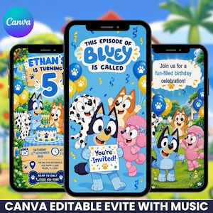 May include: Three smartphones displaying a digital Bluey-themed birthday invitation. The screens feature animated characters, blue and yellow balloons, confetti, and text including 'Ethan is turning 5', 'You're Invited!', and event details.