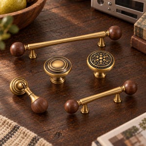 Vintage Brass Cabinet Hardware, Walnut Wood Drawer Pulls, Antique Cabinet Knobs, French Country Dresser Handles, Kitchen Cupboard Pulls