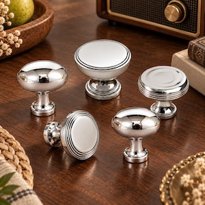 Vintage Silver Chrome Cabinet Knobs, Round Brass Drawer Pulls, Luxury Furniture Hardware, Modern Retro Kitchen Cabinet Handle