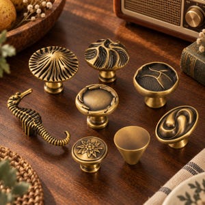 Vintage Brass Cabinet Knobs, Antique Gold Furniture Hardware, Decorative Drawer Pulls, Luxury Single Hole Cabinet Handles